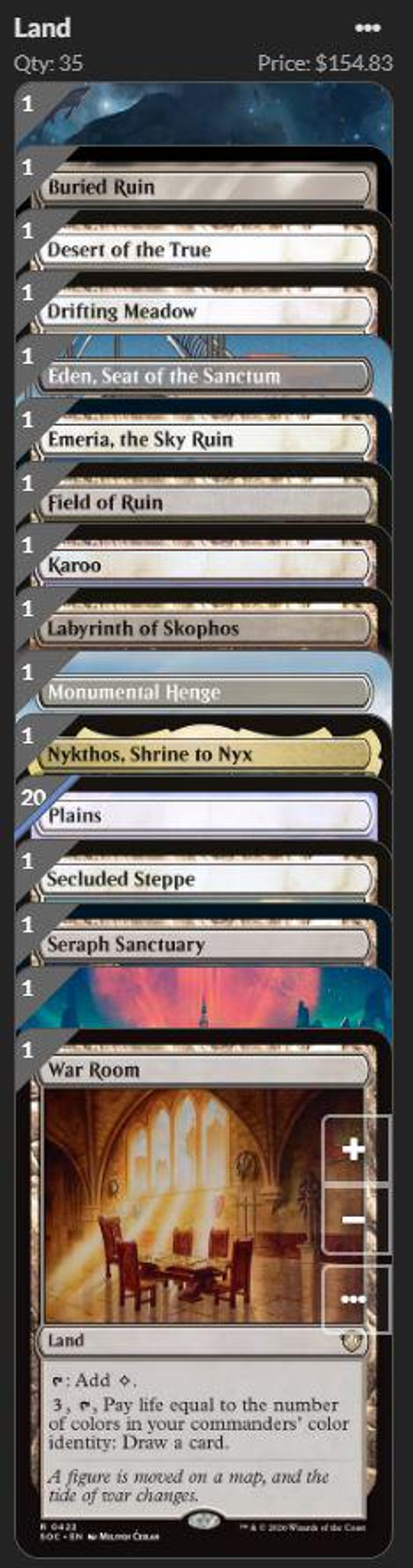 K&ouml;nnte beinhalten: Eine Sammlung von f&uuml;nfunddrei&szlig;ig Magic: The Gathering Landkarten, die vertikal gestapelt sind. Die Liste enth&auml;lt Buried Ruin, Desert of the True, Drifting Meadow, Eden, Seat of the Sanctum, Emeria, the Sky Ruin, Field of Ruin, Karoo, Labyrinth of Skophos, Monumental Henge, Nykthos, Shrine to Nyx, zwanzig Plains, Secluded Steppe, Seraph Sanctuary und War Room.