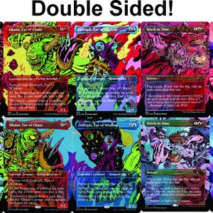 May include: A collection of ten double-sided trading cards featuring vibrant, high-contrast illustrations in neon pink, green, blue, and red. Each card displays unique fantasy character art, game text, and mana symbols, arranged in two rows of five cards.