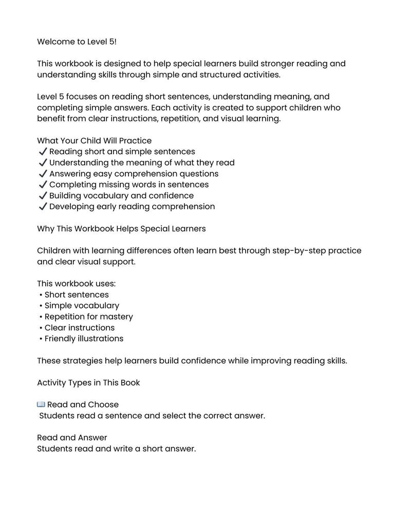 Level 5 Reading Comprehension Workbook | My First Sentences Special ...