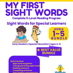 Op de afbeelding: Een kleurrijk educatief pakket getiteld "MY FIRST SIGHT WORDS" voor jonge lezers van 4-8 jaar. De omslag toont illustraties van een kind en een potlood, met tekst die een 5-level leesprogramma en geoefende vaardigheden benadrukt.