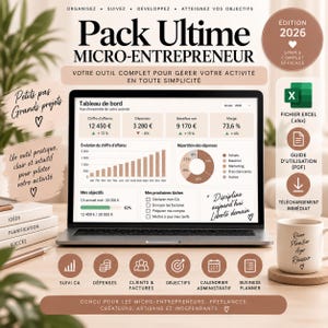 Puede incluir: Un panel de control digital en la pantalla de una computadora portátil titulado Pack Ultime Micro-Entrepreneur 2026. La interfaz muestra datos financieros, incluyendo ingresos, gastos, beneficio neto y márgenes, junto con gráficos, listas de tareas y objetivos.