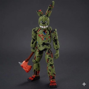 May include: A green and brown action figure of a rabbit-like character with a menacing grin, holding a small axe. The figure has a distressed appearance with exposed internal components, suggesting a horror theme.