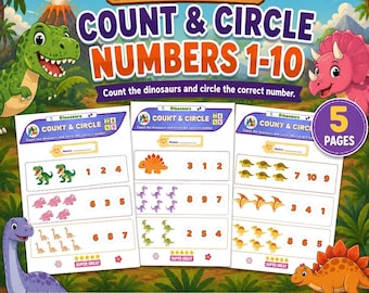 Dinosaur Count and Circle 1-10 Printable Worksheets | Preschool Kindergarten Number Recognition Math Activity | Homeschool PDF Download