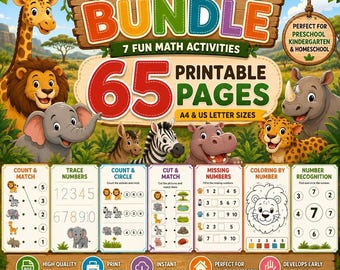 Safari Animals Printable Worksheets Bundle Preschool Math Activities Missing Cut Count Match Trace Recognition Color By Number 65 Pages PDF