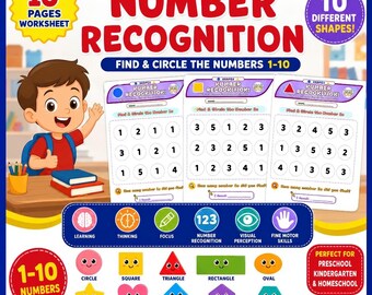 Reconocimiento de números y formas del 1 al 10 / Hoja de trabajo de matemáticas para preescolar / Actividad imprimible para niños / Tamaño carta estadounidense - A4 / Descarga digital
