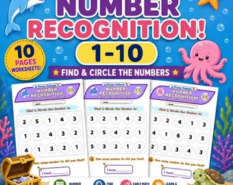 Ocean Animals Number Recognition 1-10 Printable Worksheets | Preschool Math Activity | Kindergarten Number Find PDF | Homeschool Digital