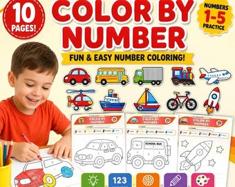 Transportation Color by Number 1-5 Worksheet | Preschool Printable | Vehicle Learning Activity | Write Word | Us Letter A4 | Digital PDF