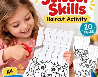 Scissor Skills Haircut Activity Preschool Cutting Practice Fine Motor Worksheet | Us Letter A4 | Digital Download