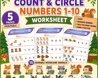 Animales del bosque: cuenta y rodea los números del 1 al 10 / Hoja de trabajo de matemáticas para preescolar / Actividad de aprendizaje imprimible / Desarrollo de habilidades manuales / Digital