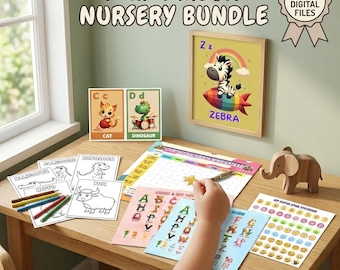 Paquete completo para guardería: Arte de cebra, Dibujos para colorear del alfabeto, Tabla de tareas y pegatinas, Manteles individuales (Descarga digital)