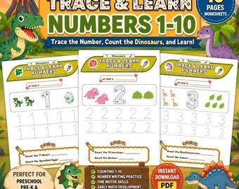 Dinosaur Trace and Learn Numbers 1-10 Printable Worksheets | Preschool Kindergarten Number Tracing Math Activity | PDF Digital Download