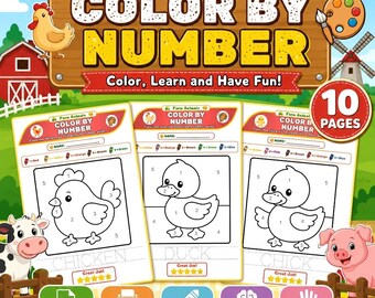 Farm Animals Color by Number Worksheets | 10 Printable Preschool Activities | Kids Coloring Pages | Instant PDF | A4 & US Letter