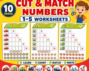 Transportation Cut and Match Numbers 1-5 Printable Worksheet | Vehicle Learning Activity | Preschool Math | A4 US Letter | Digital PDF