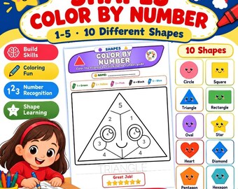 Formas para colorear por números del 1 al 5 / Hojas de trabajo imprimibles / 10 páginas / Colorear formas para preescolar / Reconocimiento de números / Escritura de palabras / Tamaño carta estadounidense A4