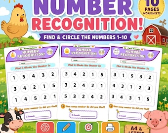 Farm Animals Number Recognition Worksheets | Numbers 1-10 Printable PDF | Preschool Kindergarten Math Activity Homeschool Digital Download