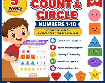 Conteo y círculo de formas del 1 al 5 / Hoja de trabajo de matemáticas para preescolar / Reconocimiento de números / Actividad de conteo imprimible / Tamaño carta estadounidense - A4 / PDF digital