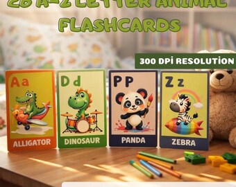 Alphabet Flashcards Printable, A-Z Animal Flash Cards for Toddlers, Preschool Learning Activity, Montessori Nursery Decor, Digital Download