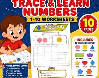 Traza formas y aprende los números del 1 al 10 / Hoja de trabajo imprimible para preescolar / Actividad de conteo y escritura / Tamaño A4 (carta estadounidense) / Descarga digital