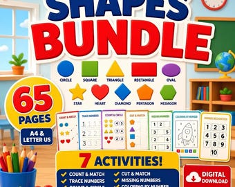Shapes Bundle Worksheets  | 65 Pages Preschool Kindergarten Math | Counting, Tracing, Matching, Coloring | A4-US Letter | Digital Download