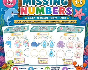 Ocean Animals Missing Numbers 1-5 Worksheets | Preschool Math Printable PDF | Kindergarten Number Sequence Activity A4 Letter Digital