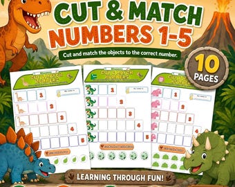 Dinosaur Cut and Match Numbers 1-5 | Printable Preschool Math Worksheet | Fine Motor Activity | Counting Practice Kindergarten PDF Download