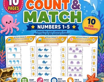 Ocean Animals Count and Match Numbers 1-5 Worksheets | Preschool Math Activity PDF | Kindergarten Number Recognition Printable Digital