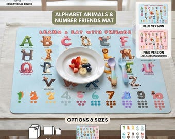 Mantel individual con números y alfabeto de animales mnemotécnico / Educativo para el aprendizaje infantil (Descarga digital)
