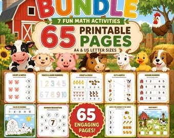 Farm Animals Math Worksheets Bundle Preschool Kindergarten Printable PDF Count Trace Missing Numbers Color Cut Match 65 Pages Digital