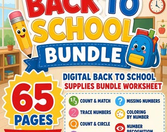 Back to School Bundle Worksheets 65 Pages Preschool Kindergarten Number Counting Tracing Matching Coloring A4 US Letter Digital Download