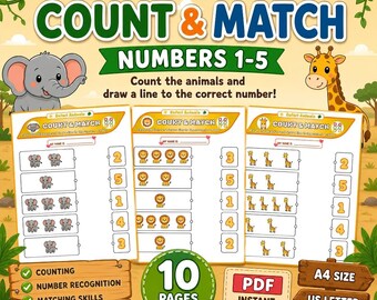 Safari Animals Count and  Match Worksheets | Preschool Math Activity | 10 Printable Pages | Instant PDF Download | A4 - US Letter