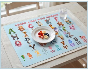 Mnemonic Animal Alphabet  Numbers Dining Mat | Educational Kids Placemat | Pink & Blue Digital Download | A3 A4 Letter Size