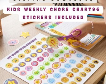 Kids Weekly Chore Chart with 96 Reward Stickers | Animal Theme Visual Routine |  Boys & Girls Sticker Bundle | Digital Download