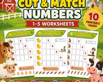 Farm Animals Cut and Match Numbers 1-5 Printable Worksheets | Preschool Kindergarten Counting Math Activity | PDF Digital Download