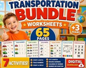 Transportation Bundle Worksheets Preschool Number 7 Activities 65 Page Printable Learning Pack Coloring, Writing, Count, Trace Us Letter A4