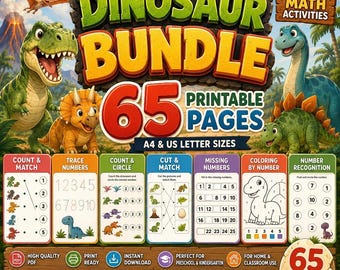 Dinosaur Bundle Printable Worksheets 65 Pages Count Match Trace Learn Number Recognition Preschool Kindergarten A4 US Letter Digital PDF