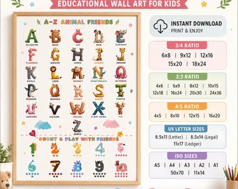 Póster imprimible del alfabeto de animales y números ABC 123 para niños, decoración de pared para guardería, preescolar, aula, educación en casa, descarga digital educativa.
