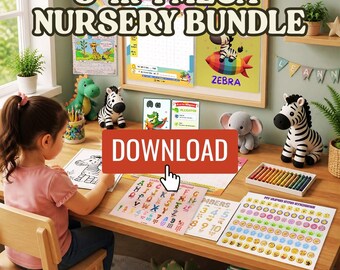 Nursery Mega Bundle: Zebra Art, Alphabet Coloring, Chore Chart&Sticker, Placemats (Digital Download)