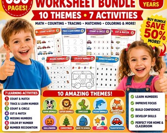 650-Pages Preschool Learning Worksheets  Bundle | 10 Themes, 7 Activities Kindergarten Math Activities | Us Letter A4 Pdf | Digital Download