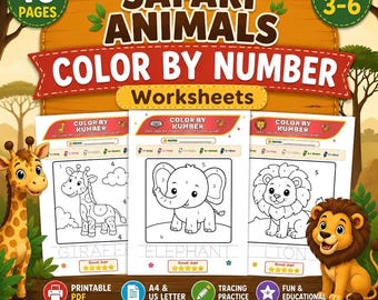 Safari Animals Color by Number Worksheets | Preschool Kindergarten Math Activity | Printable PDF | A4 - US Letter