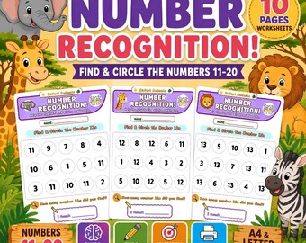 Safari Animals Number Recognition Worksheets | Numbers 11-20 Printable PDF-Preschool Kindergarten Math Activity Homeschool Digital Download