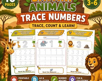 Safari Animals Trace and Learn Numbers 1-10 Printable Worksheets | Preschool Kindergarten Number Tracing Math Activity PDF Digital Download