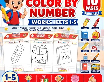 Hoja de actividades para colorear por números del 1 al 5 para la vuelta al cole, imprimible, para preescolar y jardín de infancia, tamaño A4 (carta estadounidense), descarga digital.