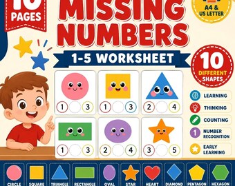 Hoja de trabajo imprimible con figuras geométricas y números faltantes del 1 al 5, actividad matemática para preescolar, secuenciación numérica, aprendizaje para jardín de infantes, tamaño carta estadounidense A4, digital.