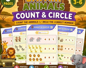 Safari Animals Count and Circle Worksheets | Preschool Kindergarten Number Recognition Math Activity Printable PDF Digital Download