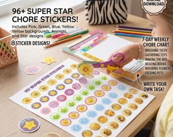 Tabla semanal de tareas para niños con pegatinas de animales (Descarga digital)