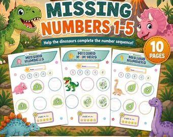 Dinosaur Missing Numbers 1-5 | Printable Preschool Math Worksheet | Number Sequence Activity | Kindergarten PDF | Homeschool Printable |