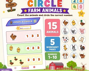 Farm Animals Count and Circle Numbers 1-10 Printable Worksheets | Preschool Kindergarten Number Recognition Math Activity | PDF Download