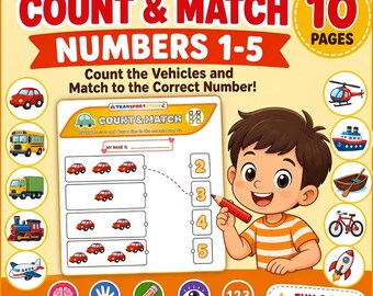 Conteo y emparejamiento de vehículos del 1 al 5 / Hoja de trabajo de números para preescolar / Actividad imprimible para contar vehículos / Matemáticas para jardín de infantes / PDF tamaño carta A4