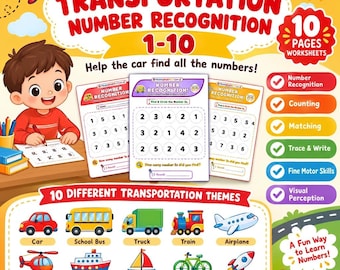 Reconocimiento de números de transporte del 1 al 10 / Encuentra y rodea (imprimible) / Hoja de trabajo de conteo para preescolar / Actividad matemática sobre vehículos / PDF tamaño carta A4