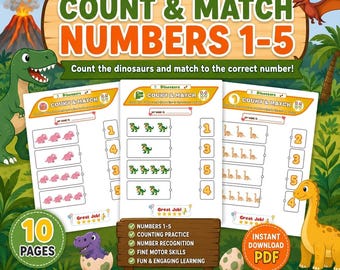 Dinosaur Count and Match Numbers 1-5 Printable Worksheets | Preschool Kindergarten Number Recognition Math Activity | PDF Digital Download
